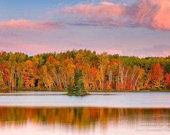 Nature Photography, Autumn Landscape, Dawn, Birch Trees, Fall Colors, Lake, Reflections, Fine Art Print, Panorama, Peaceful, North Wisconsin