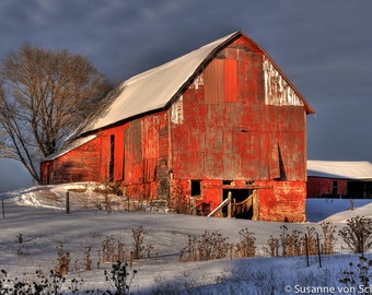 Red Barn Photo, Wisconsin, Winter Photography, Fine Art Print, Photo Card, Red Blue White, Snow, Rustic, Country Style, Home Cabin Decor