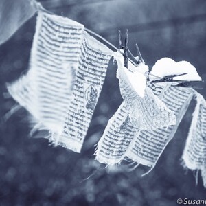 May include: A close-up of prayer flags hanging on a line in the snow. The flags are white with black text and are fluttering in the wind.
