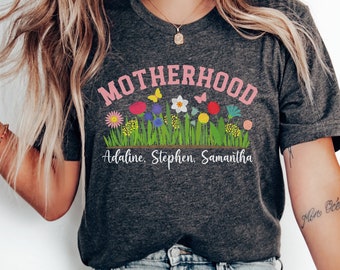 Personalized Mom Est Shirt With Kid's Names, Custom Motherhood T Shirt, Botanical Wildflowers Floral Tee, Mother's Day Gift for Mom Shirt