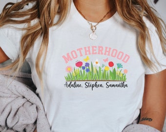 Personalized Mom Est Shirt With Kid's Names, Custom Motherhood T Shirt, Botanical Wildflowers Floral Tee, Mother's Day Gift for Mom Shirt