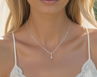 Bridal Necklace - Dainty Teardrop Necklace, Tiny Minimalist Cubic Zirconia Tear Drop Charm Necklace, 925 Sterling Silver Necklaces for Women