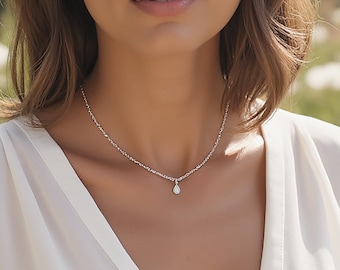 Minimalist Cubic Zirconia Wedding Necklace for Brides and Bridesmaids - Tiny 925 Sterling Silver Necklace CZ Tear Drop Charm Necklace