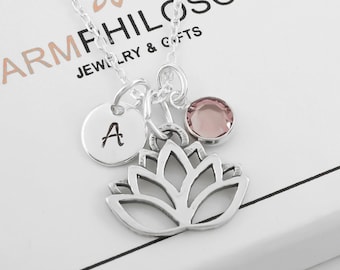 Sterling Silver Lotus Flower Necklace, Spiritual Jewelry, Meditation Necklace, Yoga Necklace, Personalized Birthstone & Initial