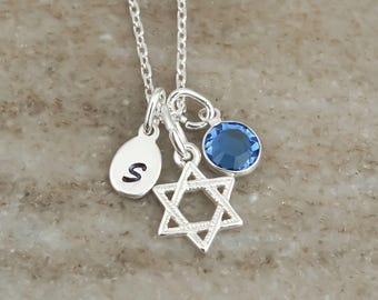 Sterling Silver Star of David Necklace: Personalized Initial & Birthstone Charm