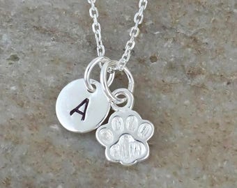 Dog Paw Necklace: Handstamped Initial Charm, 925 Sterling Silver Jewelry