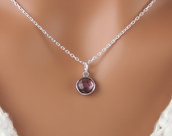 Sterling Silver Amethyst Necklace - Round Faceted Gemstone Charm - February Birthstone