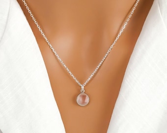 Sterling Silver Rose Quartz Necklace:  Love Stone, Round 9mm Gemstone Charm