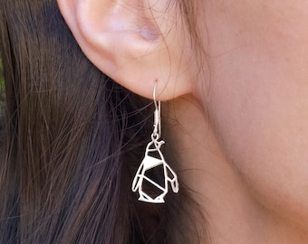 Geometric Penguin Earrings: Minimalist Sterling Silver Animal Jewelry, Penguin Gifts