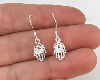 Sterling Silver Hamsa Earrings: Dainty Jewish Hand of Fatima Charm Jewelry