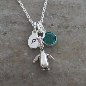 Penguin Necklace - 925 Sterling Silver Jewelry - Penguin Charm - Personalized Initial and Birthstone - Penguin Gifts
