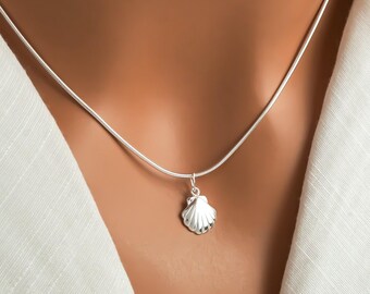 Silver Clam Shell Necklace - 925 Sterling Silver Beachy Seashell Jewelry