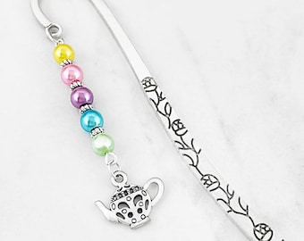 Teapot Bookmark, Alice in Wonderland Mad Hatter Gifts, Ornate Teapot Charm Bookmark, Silver Teacher Bookmark, Tea Stationary, Tea Gift Ideas