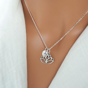 Lotus Flower Necklace - 925 Sterling Silver with Personalized Initial Charm, Water Lily Necklace, Zen Jewelry