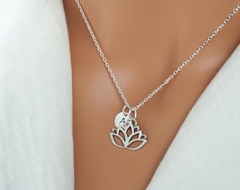 Lotus Flower Necklace - 925 Sterling Silver with Personalized Initial Charm, Water Lily Necklace, Zen Jewelry