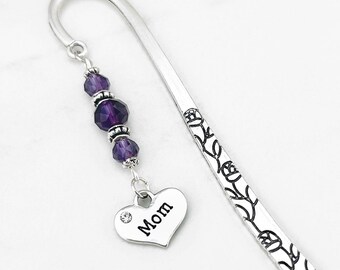 Mom Heart Charm Bookmark - Antique Silver, Beaded Mother's Day Gift