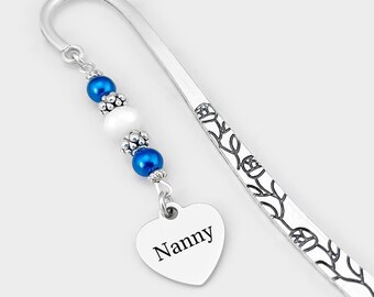 Nanny Bookmark - Metal Heart Charm Beaded Book Marker, Nanny Gifts