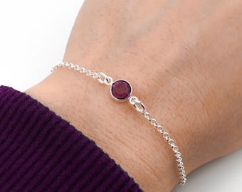 February Birthstone Bracelet or Anklet: Amethyst Colored Crystal Charm, Minimalist Sterling Silver Jewelry