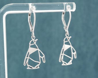 Geometric Penguin Earrings: Minimalist Sterling Silver Animal Jewelry, Penguin Gifts