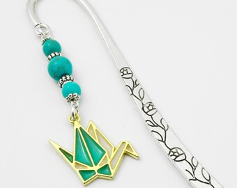 Origami Crane Charm Bookmark: Beaded Metal Japanese Paper Crane Book Marker