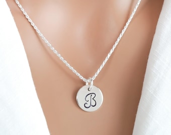 Sterling Silver Initial Necklace: Round Hand Stamped Script Monogram Charm