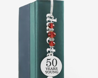50th Birthday Bookmark: 50 Years Young Charm, Metal Beaded Gifts for Book Lovers