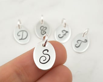 Hand Stamped Sterling Silver Initial Charm: Script Font, Personalized Letter