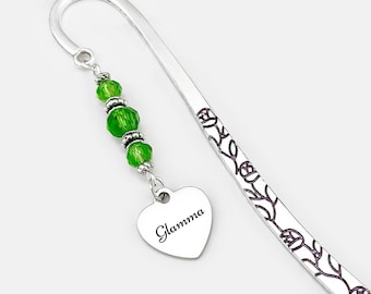 Personalized Glamma Bookmark: Engraved Heart Charm, Beaded Grandma Gift