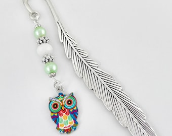 Colorful Owl Bookmark - Tibetan Silver Bookmark Stationary - Owl Gift Ideas - Enamel Owl Charm Bookmark - Owl Teacher Gifts