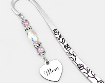 Mom Bookmark: Beaded Mother's Day Gift for Mom from Daughter or Son, Engraved Heart Charm