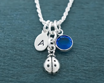 Sterling Silver Ladybug Necklace: Personalized Initial & Birthstone Charm
