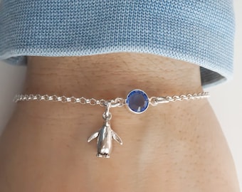 Penguin Bracelet - Penguin Anklet - Personalized Birthstone Bracelet - 925 Sterling Silver Penguin Jewelry - Minimalist Bracelet