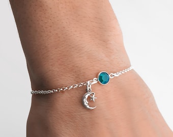 Star and Moon Bracelet or Anklet: Personalized 925 Sterling Silver Birthstone Jewelry, Rolo Chain