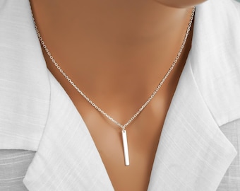 Vertical Bar Necklace, 925 Sterling Silver Bar Pendant, Minimalist Layering Jewelry for Everyday