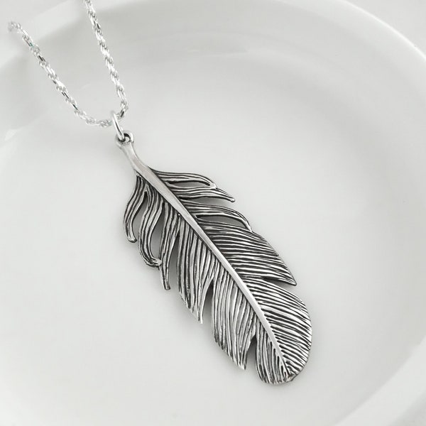 Large Feather Necklace - 925 Sterling Silver Jewelry - Feather Pendant