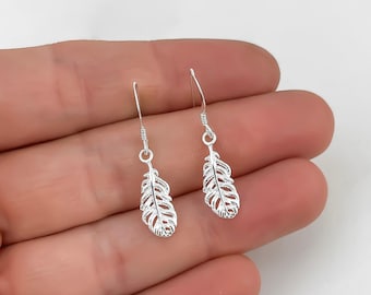 Sterling Silver Feather Earrings: Small Dangle Charm Jewelry