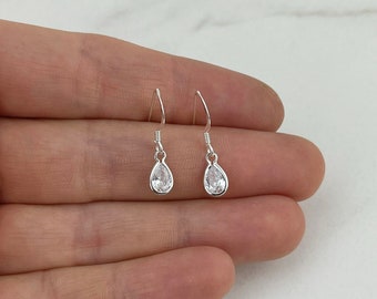 Tiny Teardrop Earrings - Minimalist Jewelry - Cubic Zirconia Tear Drop Charm - 925 Sterling Silver Earrings - Simple Everyday Jewelry