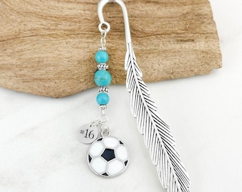 Personalized Soccer Bookmark: Beaded Sports Gifts, Custom Number Charm