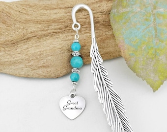 Great Grandma Bookmark: Engraved Heart Charm Beaded Book Marker
