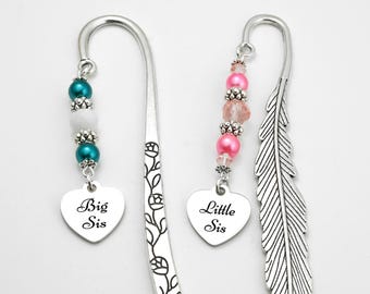 Big Sis, Little Sis Bookmark: Custom Engraved Heart Charm Book Marker, Sister Gifts
