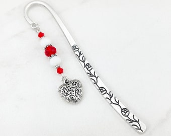 Heart Bookmark - Red Beaded Tibetan Silver Charm Bookmark - Romantic Gifts - Ornate Filigree Heart Bookmark