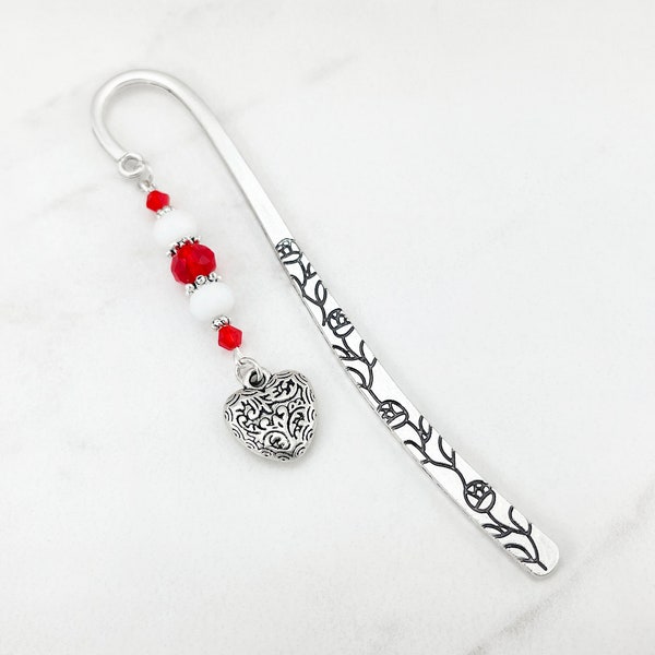 Heart Bookmark - Red Beaded Tibetan Silver Charm Bookmark - Romantic Gifts - Ornate Filigree Heart Bookmark