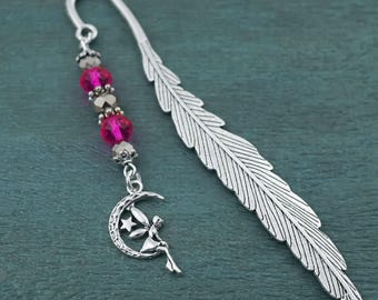 Fairy Bookmark - Magical Pixie on a Crescent Moon Charm Beaded Book Marker