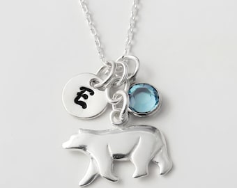 Sterling Silver Bear Necklace: Personalized Initial & Birthstone Charm