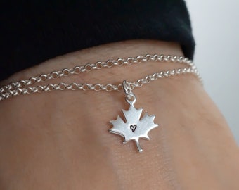 925 Sterling Silver Maple Leaf Bracelet - Double Strand Bracelet - Rolo Chain - Dainty Maple Leaf Heart Anklet - Allergy Free