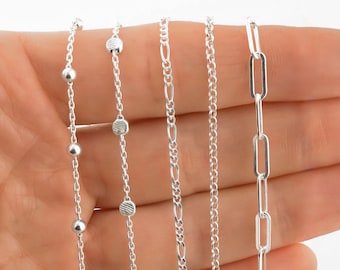 Sterling Silver Chain Necklace for Women, 12 to 40 inches - Ball Chain, Satellite Chain, Rolo Chain, Paperclip Chain, Figaro Chain