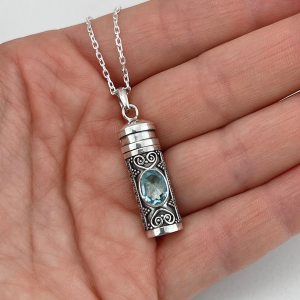 Blue Topaz Gebed Medaillon HALSKETTING - Holle Buis Hanger - Aandenken Sieraden - Asketting - 925 Sterling Zilver - Memorial Urn Ketting