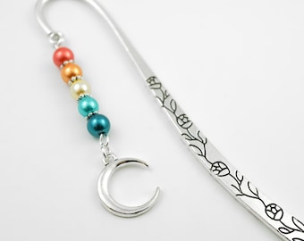 Crescent Moon Bookmark -  Celestial Beaded Metal Charm Book Marker