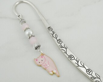 Pink Cat Bookmark for Cat Lover Gifts - Silver Metal Bookmark with Cat Charm Bookmark Cat Lover Gift for Cat Mom Bookmark Cat Gifts