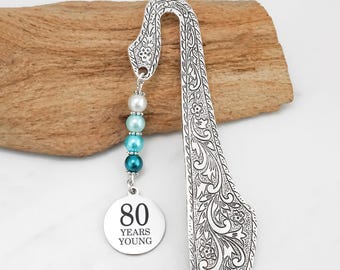 80th Birthday Bookmark for Women or Men: Stainless Steel '80 Years Young' Charm